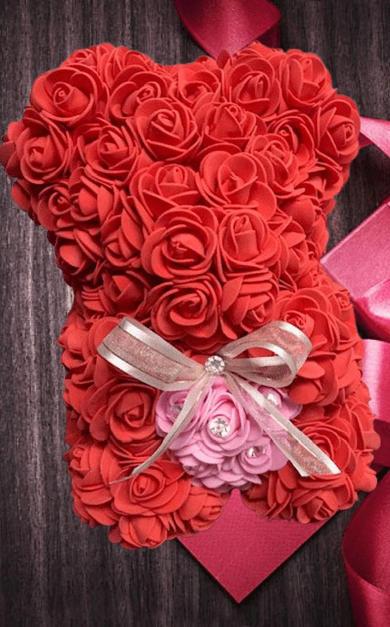 Centerpiece Rose Bear with Rhinestone Bling - Flower Bear, Baby Shower (Red)