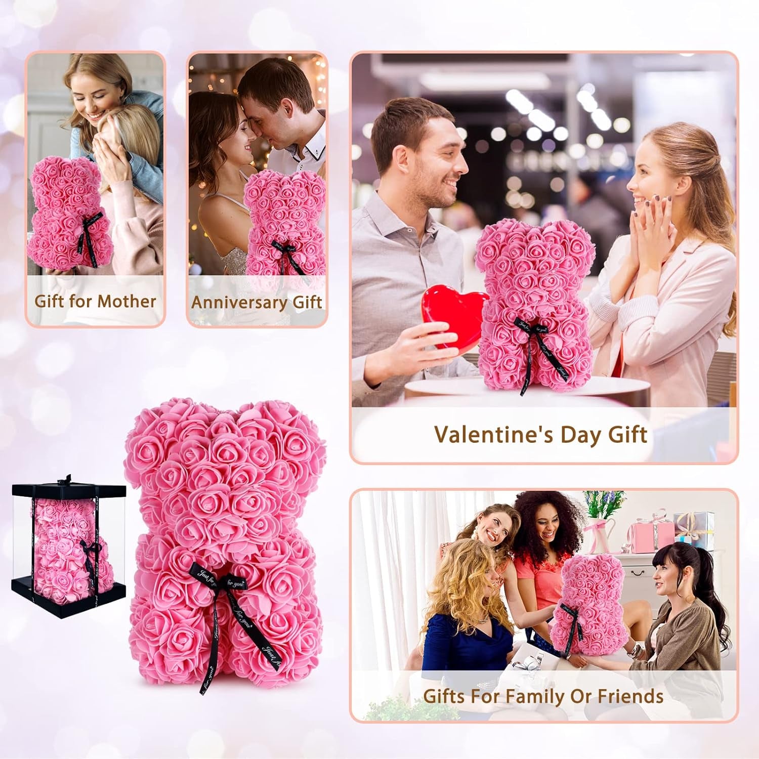 Christmas Women Gifts Rose Bear Birthday Gifts for Girlfriend Wife, Rose Teddy Bear Anniversary Party Presents,Flowers Bear Gifts for Mom, Womens Gifts for Xmas (Pink)