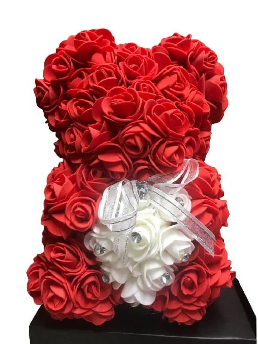 Centerpiece Rose Bear with Rhinestone Bling - Flower Bear, Baby Shower (Red)