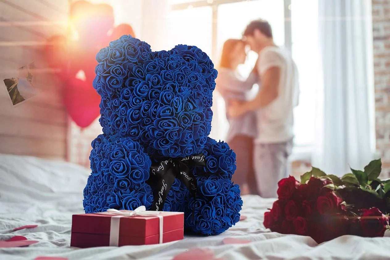 Royal Blue Artificial Rose Flower Bear 10 Inch Wedding Party Decoration Gift Box