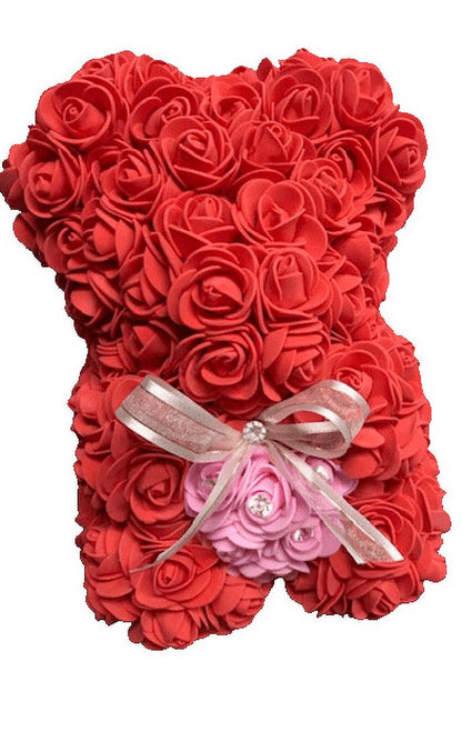 Centerpiece Rose Bear with Rhinestone Bling - Flower Bear, Baby Shower (Red)