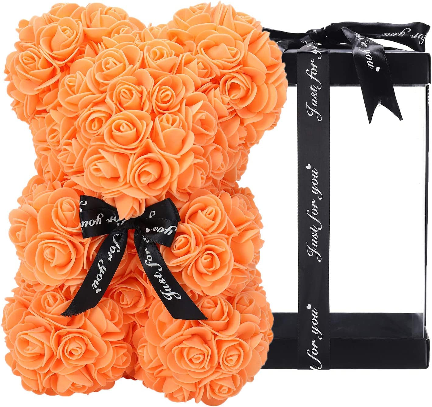 ZFDEBY Rose Bear Rose Flower Bear Hand Made Rose Teddy Bear Best Artificial Decoration Gifts for Mothers Day, Valentines Day,Bridal,Weddings,The Perfect Party Clear Gift Box(13-Orange)