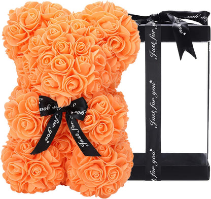 ZFDEBY Rose Bear Rose Flower Bear Hand Made Rose Teddy Bear Best Artificial Decoration Gifts for Mothers Day, Valentines Day,Bridal,Weddings,The Perfect Party Clear Gift Box(13-Orange)