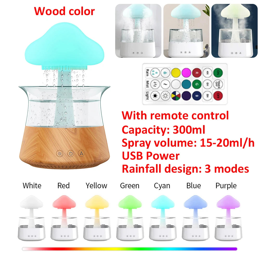 Mushroom Air Humidifier Rain Cloud Night Light Smell Distributor Water Drops Sounds Diffuser Calming Relax Aromatherapy Lamp
