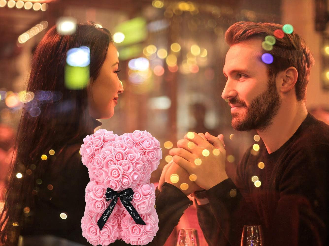 Rose Bear Teddy Flower, Rose Bear with Lights, Best Gift for Valentines Day, Anniversary, Mothers Day, Birthdays, Including Transparent Gift Box and Love Card (Pink)