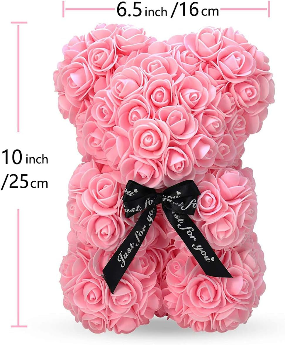 Rose Bear Teddy Flower, Rose Bear with Lights, Best Gift for Valentines Day, Anniversary, Mothers Day, Birthdays, Including Transparent Gift Box and Love Card (Pink)