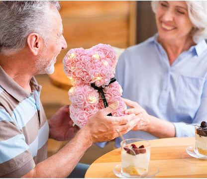 Rose Bear Teddy Flower, Rose Bear with Lights, Best Gift for Valentines Day, Anniversary, Mothers Day, Birthdays, Including Transparent Gift Box and Love Card (Pink)