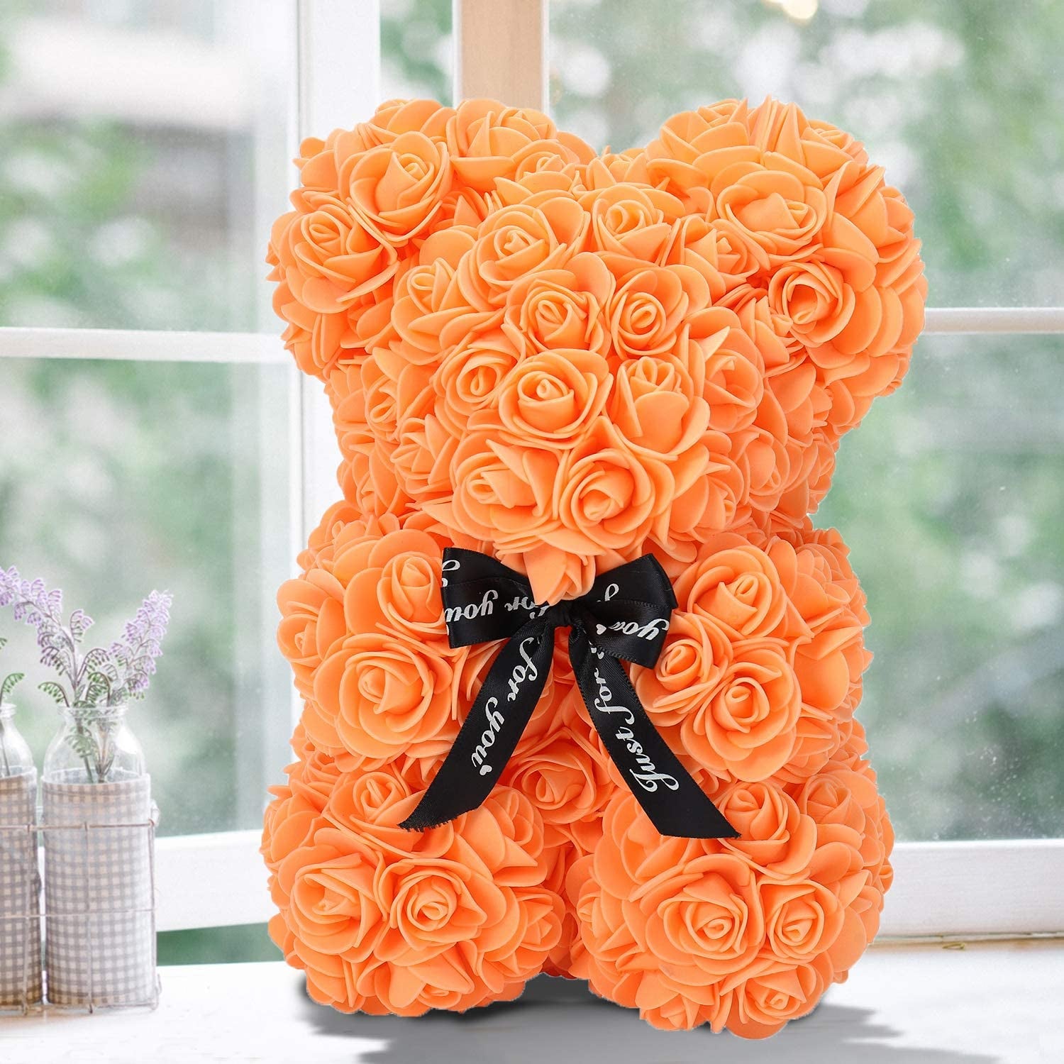 ZFDEBY Rose Bear Rose Flower Bear Hand Made Rose Teddy Bear Best Artificial Decoration Gifts for Mothers Day, Valentines Day,Bridal,Weddings,The Perfect Party Clear Gift Box(13-Orange)